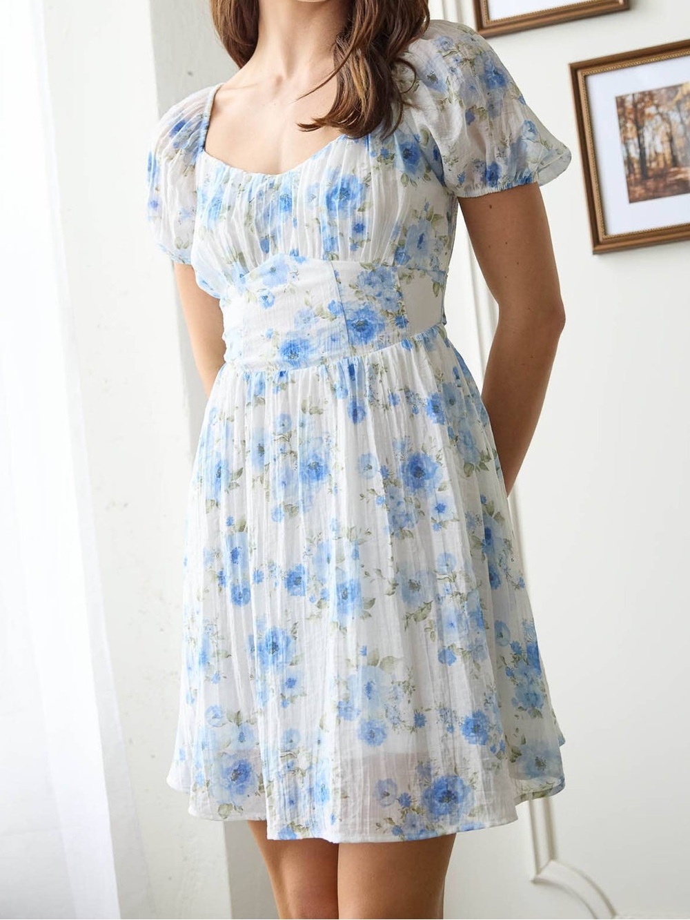 Blu Pepper Blue Floral Puff-Sleeve Corset Back Tie Mini Dress